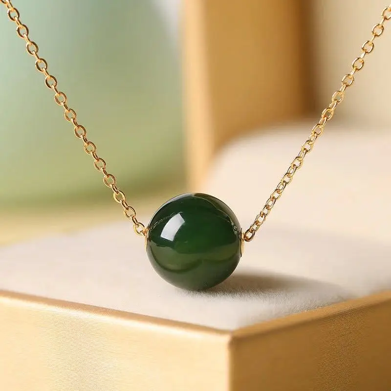 

Natural Russian Hetian Jade round Lulutong Pendant Lucky Beads Clavicle Women's Necklace Sweater Chain