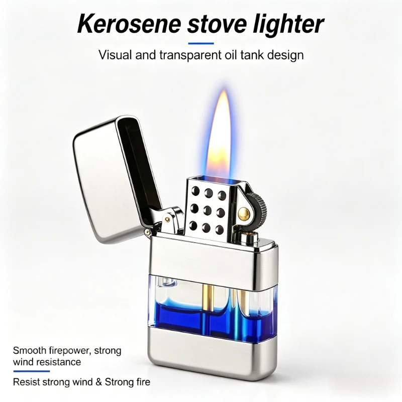 

New Classic Windproof Grinding Wheel Lighter | Transparent Large Oil Bin Vintage Metal Design Portable Cigarette Gadget
