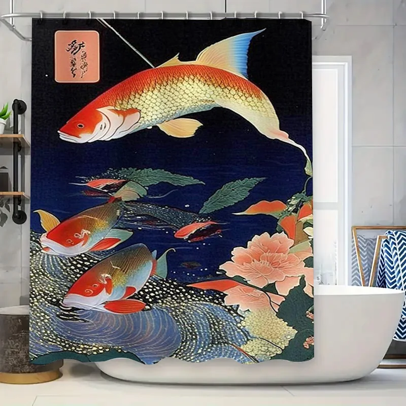 

Занавеска для душа с изображением рыбы кои, декор для ванны в японском стиле, синий цветочный принт, водонепроницаемая ткань, идеально подходит для украшения дома (160 x 180 см)