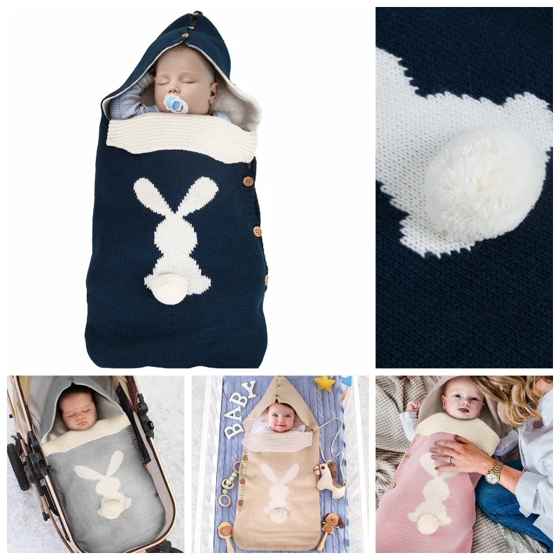 INS new European and American baby knitted rabbit button sleeping bag, outdoor cart wool baby sleep sack baby wrap blanket