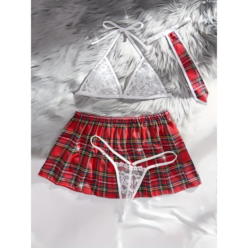 Sexy Preppy Plaid Uniform Set with Floral Lace Halter Bra, Thong, Skirt, and Tie - Women\'s Lingerie