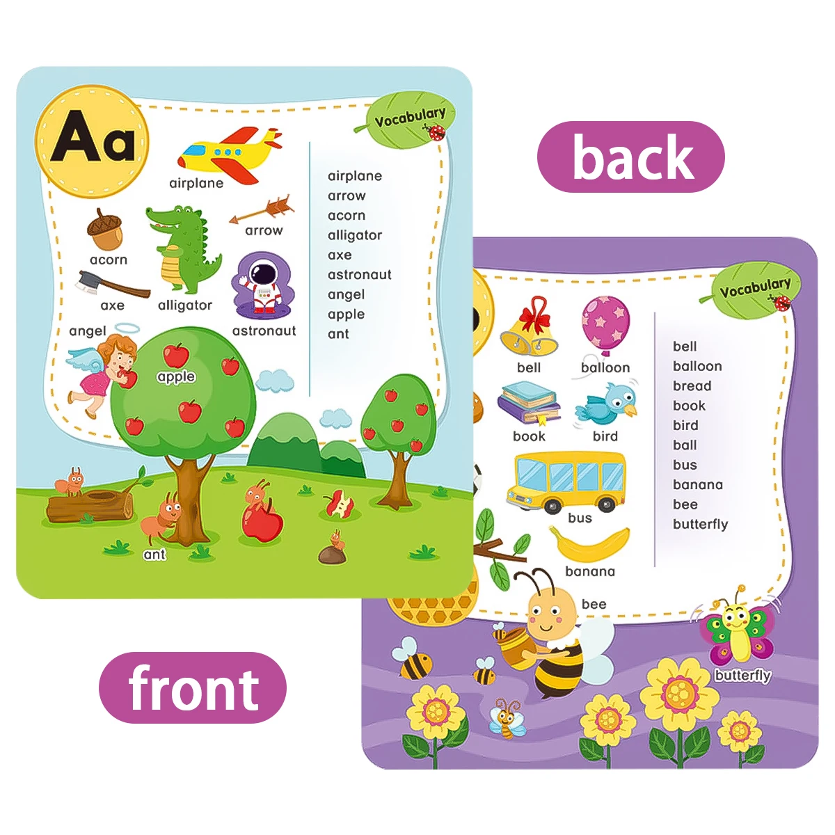 Detalle de tarjetas cognitivas con texto en inglés y diseño educativo.