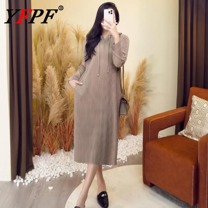 

YFPF повседневное однотонное плиссированное платье женское свободное модное платье с капюшоном и длинными рукавами на шнурке, осень 2021, новая одежда