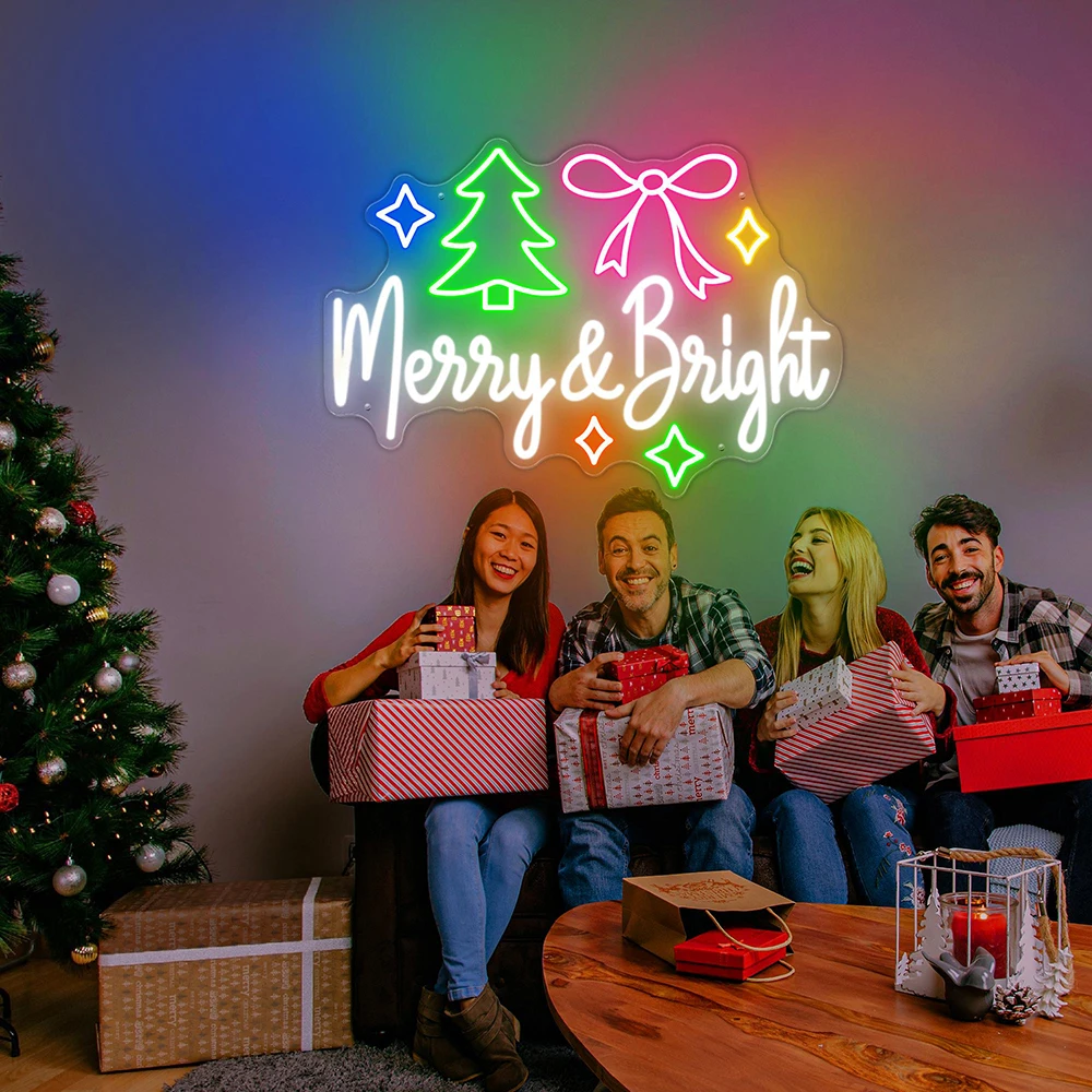 Merry & Bright Christmas Neon Sign Christmas Home Decor Holiday Sign Pine Tree Christmas Custom Party Decoration LED Neon Light