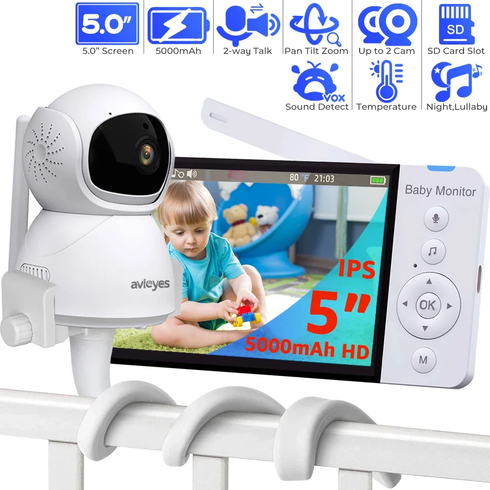 5 Inch IPS Screen Baby Monitor 5000mAh Battery Wireless Electronic Baby Phone 2-way Talk Auto Night Vision PTZ Babysitter Video