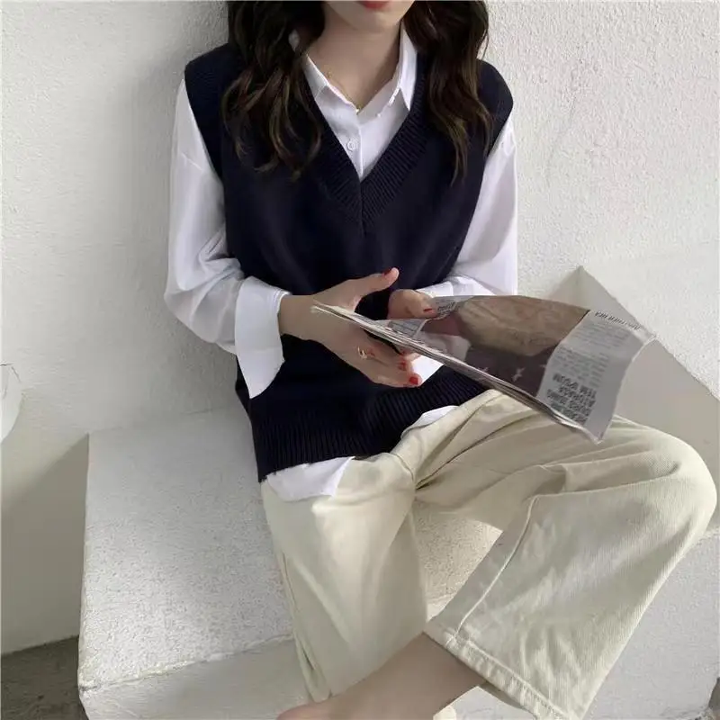 Korean Loose Solid Color Knitting Vest Tops Women Spring 2024 All-match Preppy Style V-neck Multiple Colour Casual Sweater Vest