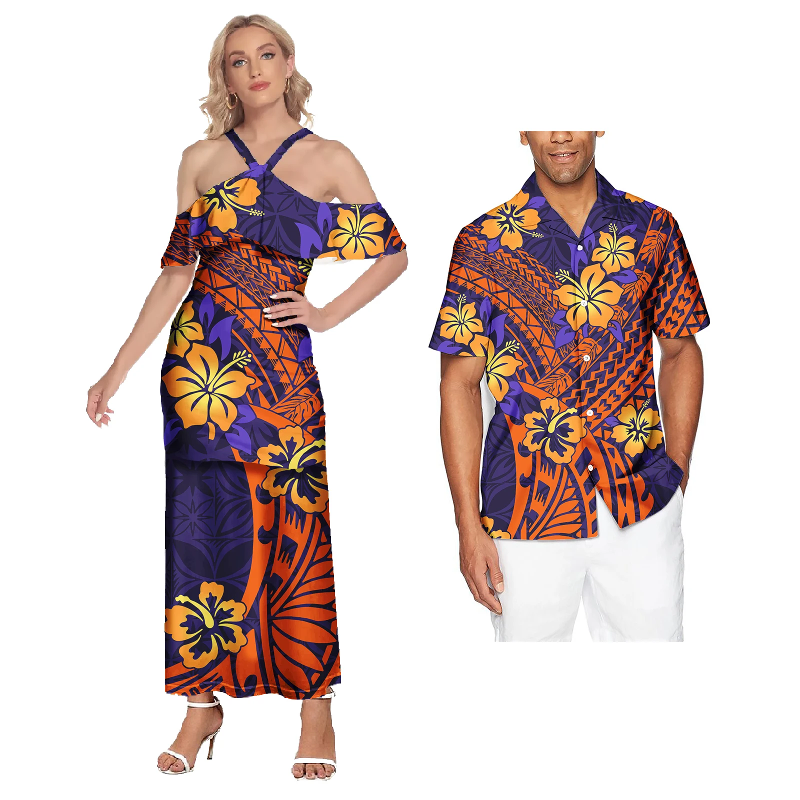 Polynesian Hawaiian Samoan Tropical Floral Couples Tribal Print Dress Mens Shirt Matching Set plus size couple clothing