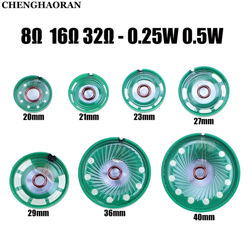 

2pcs 8R 16R 32R 20mm 21mm 23mm 27mm 29mm 36mm 40mm Diameter Loud Speaker 8 16 32 ohm 0.25W 0.5W Horn Loudspeaker