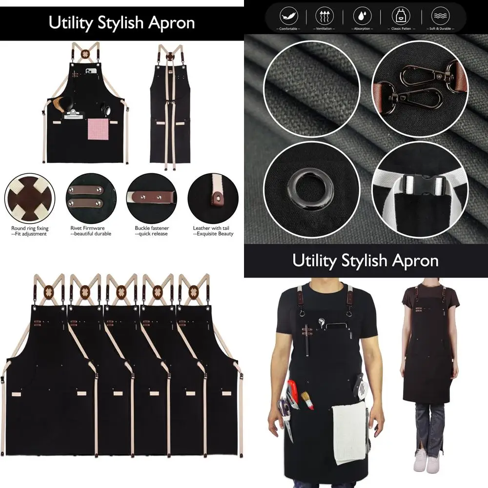 

Multi-Purpose Canvas Apron Set, 5-Pack, with Pockets, Ideal for Kitchen, Gardening, Painting, and BBQ, Sizes M to XXL, Black