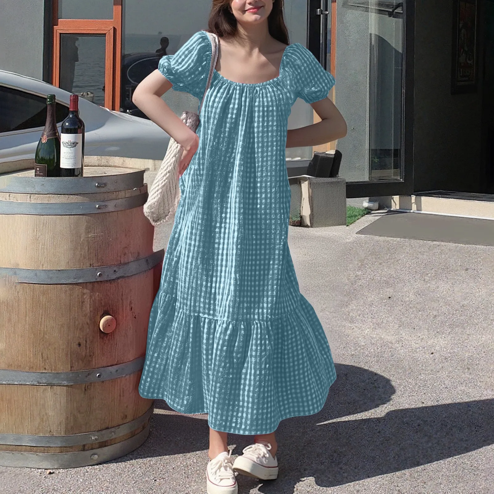 สตรีลายสก๊อตพิมพ์แฟชั่นเสื้อสวมหัวสแควร์คอชุดลําลองอเนกประสงค์กระโปรงยาว Vestidos Para Mujer ชุดยาว