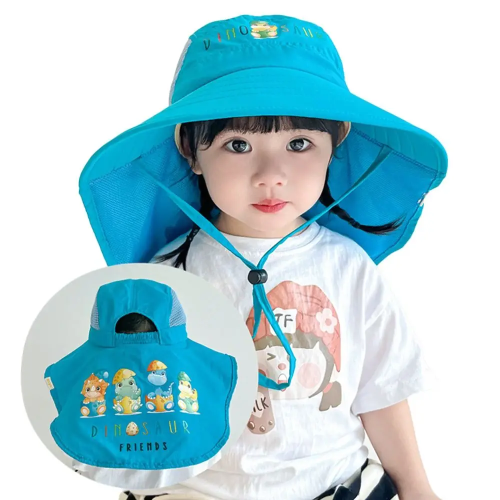 

With Neck Flap Strap Kids Bucket Hat Wide Brim With Whistle Beach Cap Cartoon UV Protection Panama Hat Infant Girls Boys