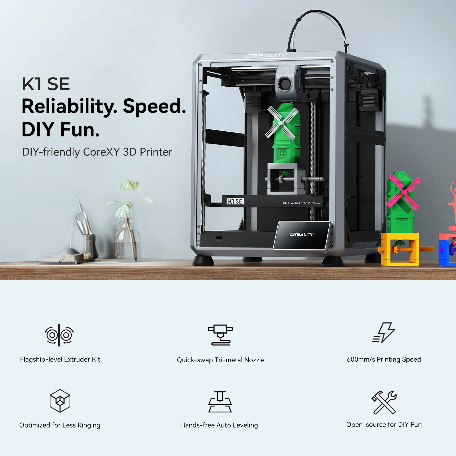 طابعة Creality K1 SE ثلاثية الأبعاد ثنائية العتاد محرك مباشر الطارد التسوية التلقائية هيكل CoreXY 600 مللي متر/ثانية آلة طباعة ثلاثية الأبعاد عالية السرعة