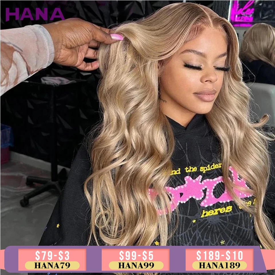 شعر مستعار بشري بدانتيل أمامي ، جذور بنية ، موجة جسم أشقر ، شعر مستعار بإغلاق دانتيل شفاف ، أشقر أومبير ، جذور بنية ، 13 × 6 ، 5 × 5 ، كثافة