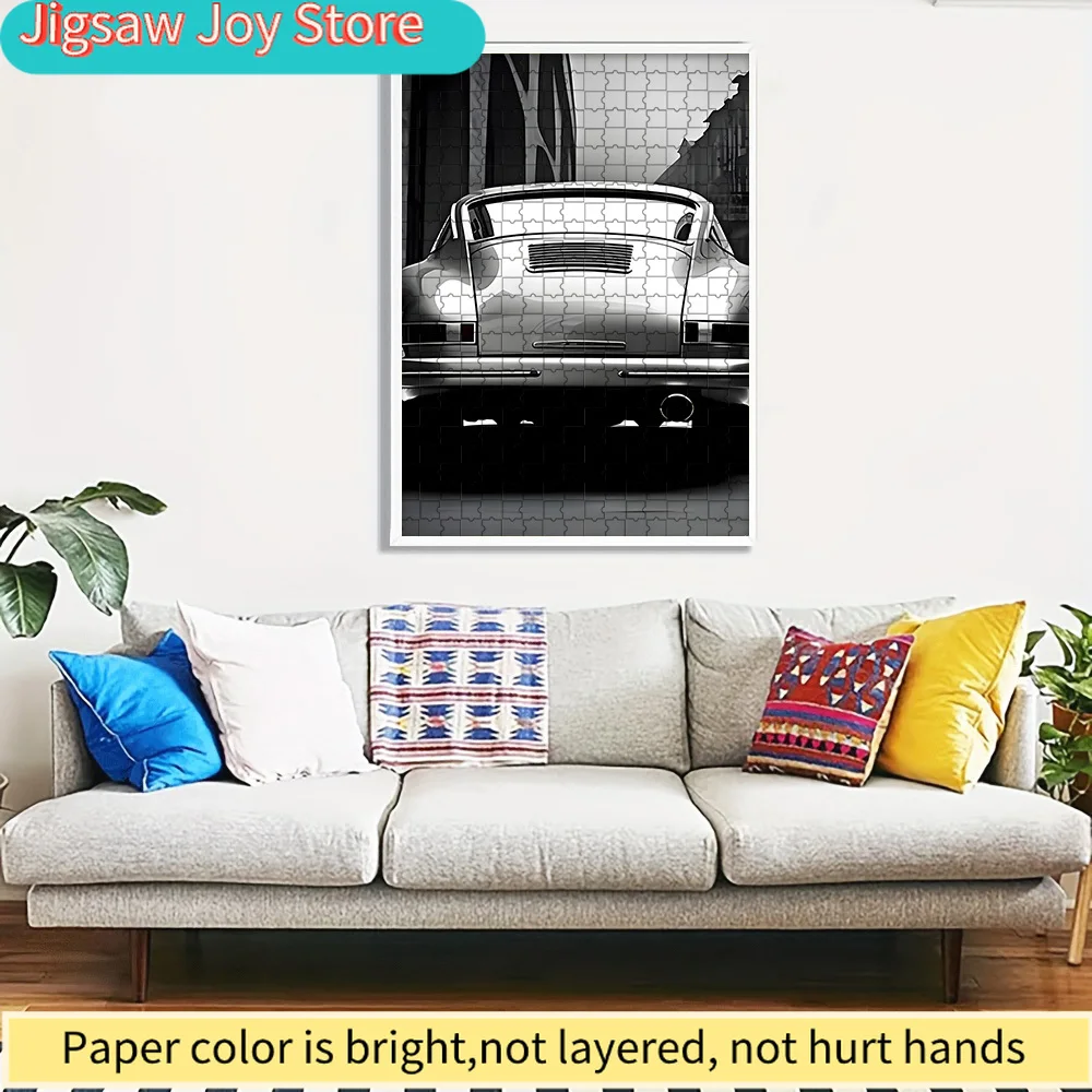 

Paper Jigsaw Puzzle Classic Porsche 911 Rear View Monochrome Art Print Wall Decor Vintage German Sports Car Urban Street Illustr