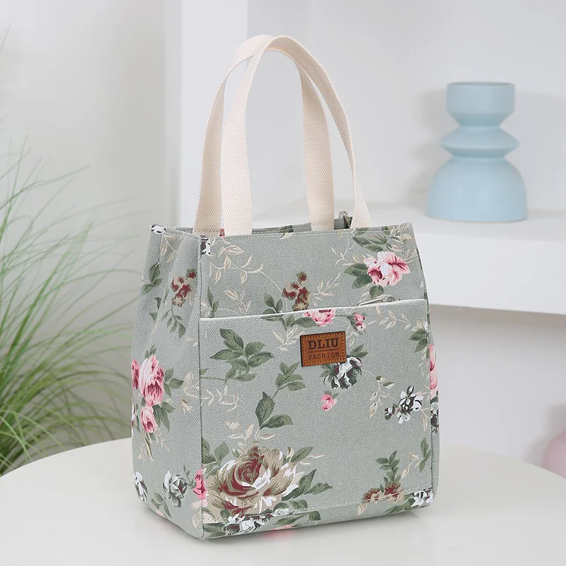 New Canvas Flower Printed Fabric Handbag, Work Portable Multi-Pocket Zipper Semi-Closed Daily Clutter Storage Bag, Bento Bag