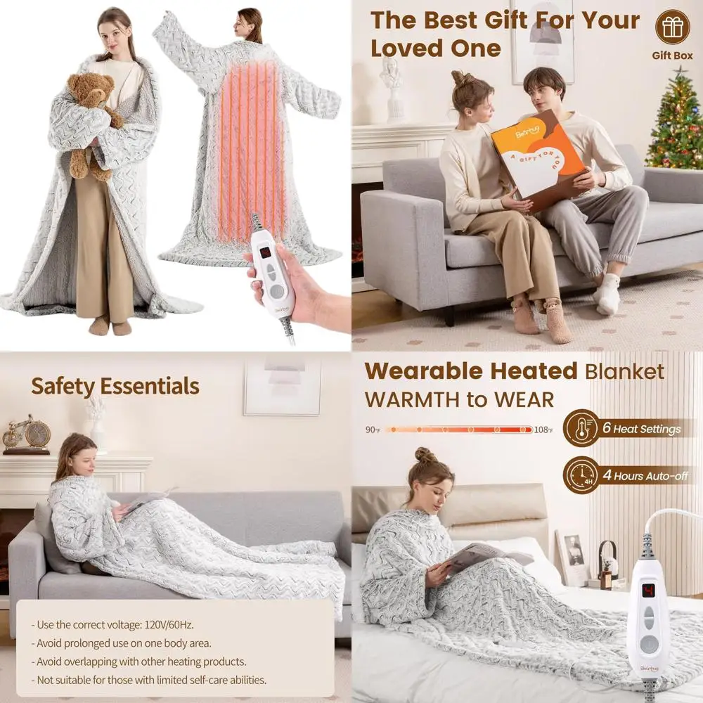 

Faux Fur & Sherpa Heated Blanket 50x70 with Foot & Sleeve Pockets, 6 Heat Levels, Auto-Off, ETL Certified, Washable