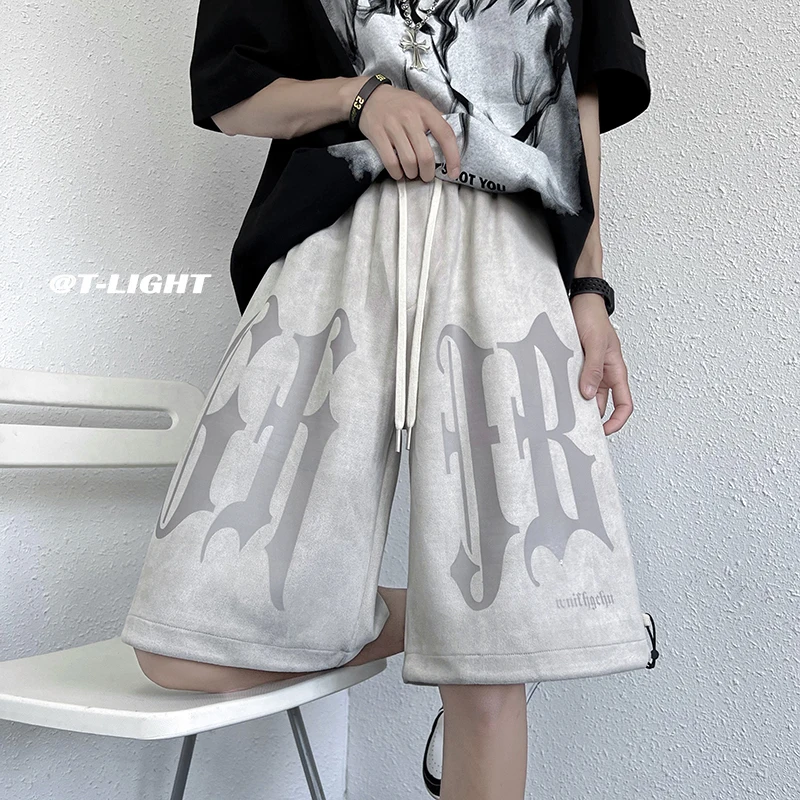 

Мужские замшевые повседневные летние тонкие свободные спортивные брюки выше колена в американском уличном стиле, длиной до колена