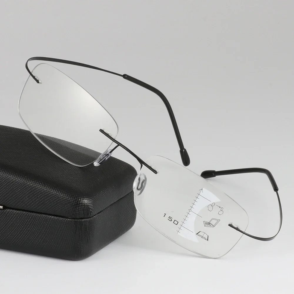 Progressive Multifocus Reading Glasses Women Men See Near and Far Rimless Titanium Alloy Bendable Ultralight Classic 1 2 3 to 4
