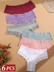 6PCS Cotton Brazilian Pants Sexy Lace Women Low Waist Panties Underwear Solid Color Ladies Briefs Lingere Underware Soft Women