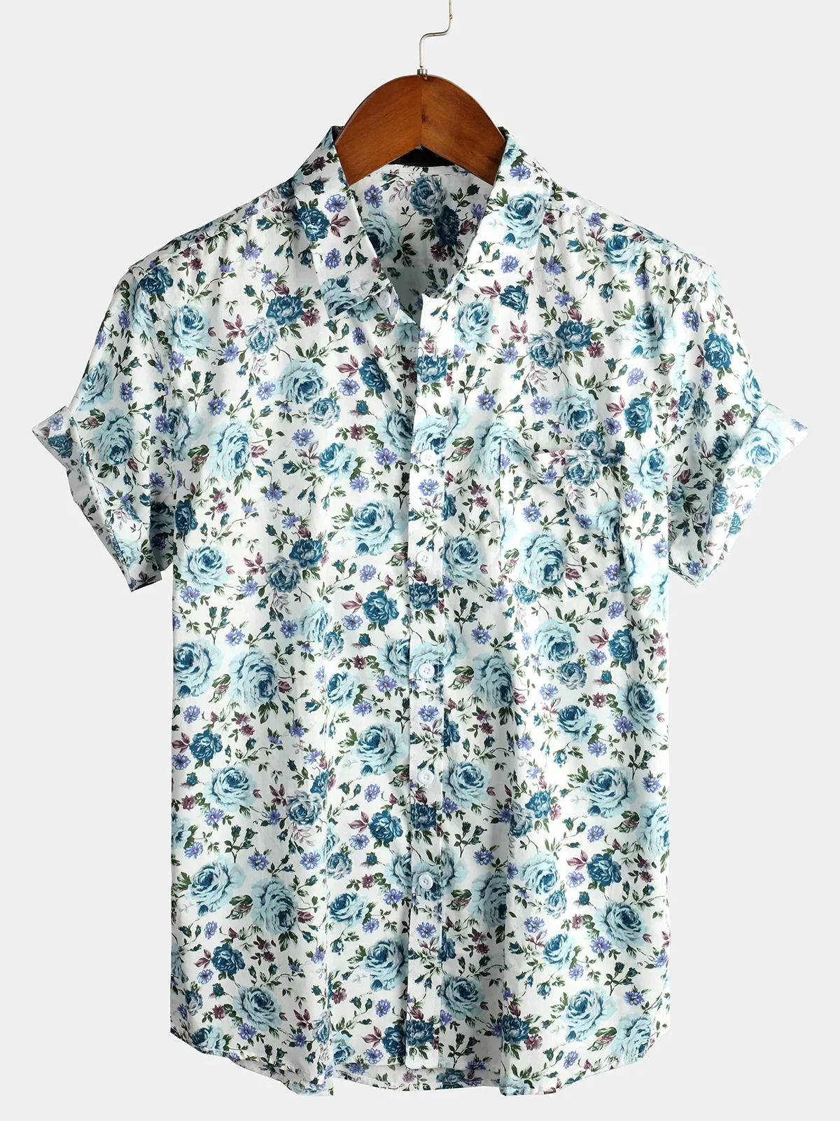 New Men's Summer Floral Print White Top Button Short Sleeve Shirt Lapel Hawaiian Vacation Beach Shirt Camisa Manga Corta Hombre