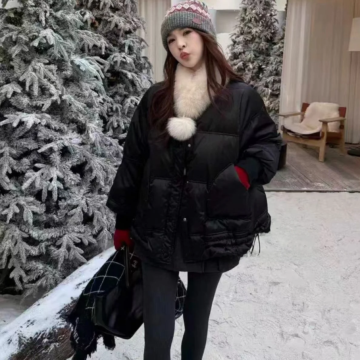 

Women's Fur Collar down Jaet Loose V-Ne Warmth Winter Coat Du down Outerwear Ne Warmer Ultra ort Sle