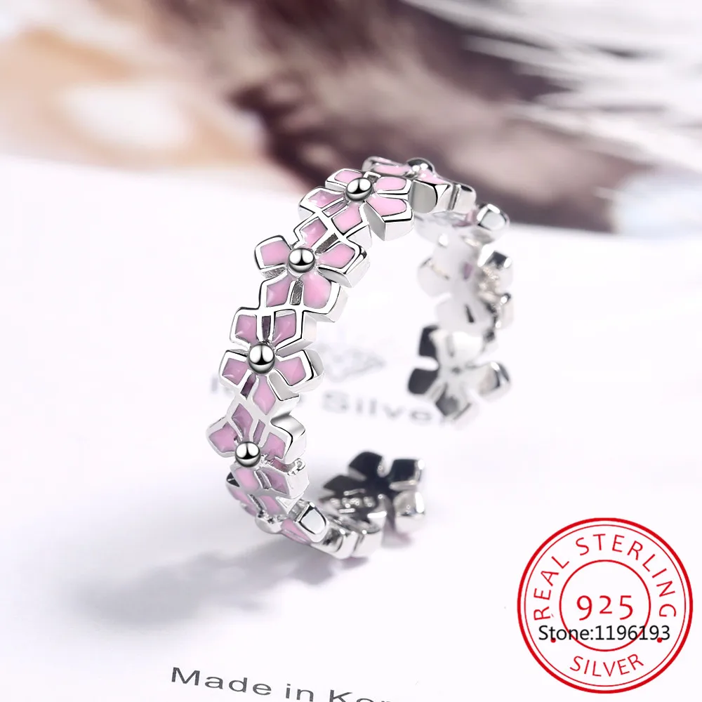 

925 Sterling Silver Pink Enamel Flower Open Ring Wreath Finger Ring Stacking for Women Birthday Gift Sweet Romatic Fine Jewelry