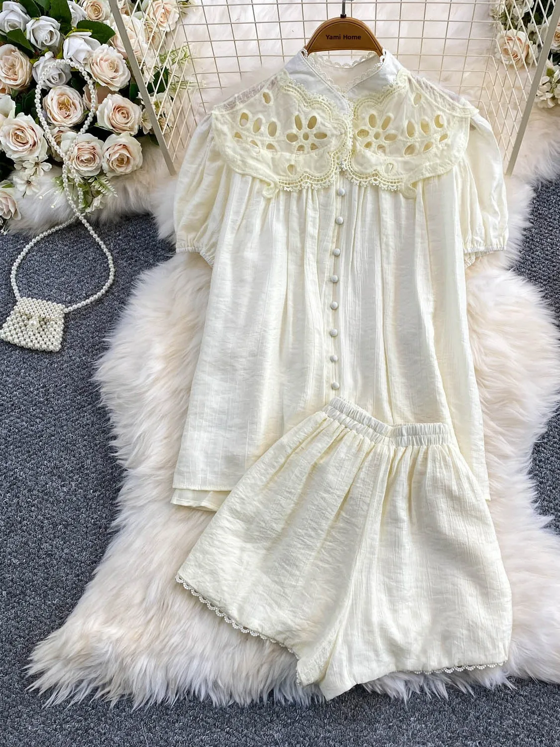 Retro Court Style Breathable Lace High Waist Wide Leg Short Pants Two Piece Set Skin-friendly Comfortable Casual Top Bottoms