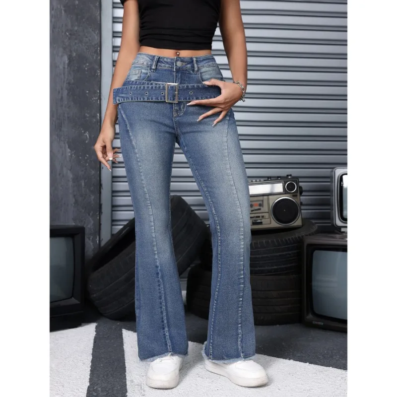 Women 2026 Vintage Raw Edge Stretch Flare Jeans European American Fashion Unique Casual Long Denim Pants Daily Street Trousers