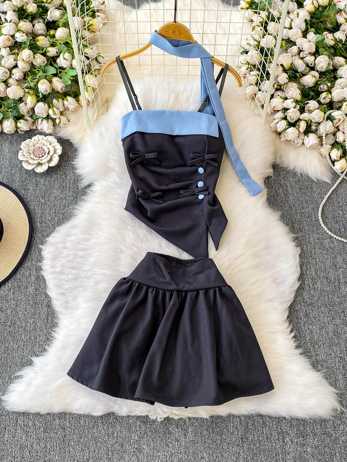 Set aus asymmetrischem Oberteil und Rock mit hoher Taille und schmaler Passform und Sa Faionable Color Blo Design Damen-Sommer-Outfit, zweiteiliges Set