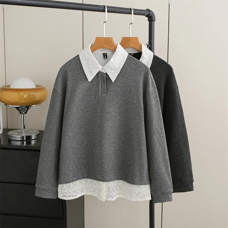 

XXXXL Fashion Plus Size Woman Clothing Hoodie Spring 2026 Lace Lapel Fake Two Pieces Tops Casual Sweatshirts 969
