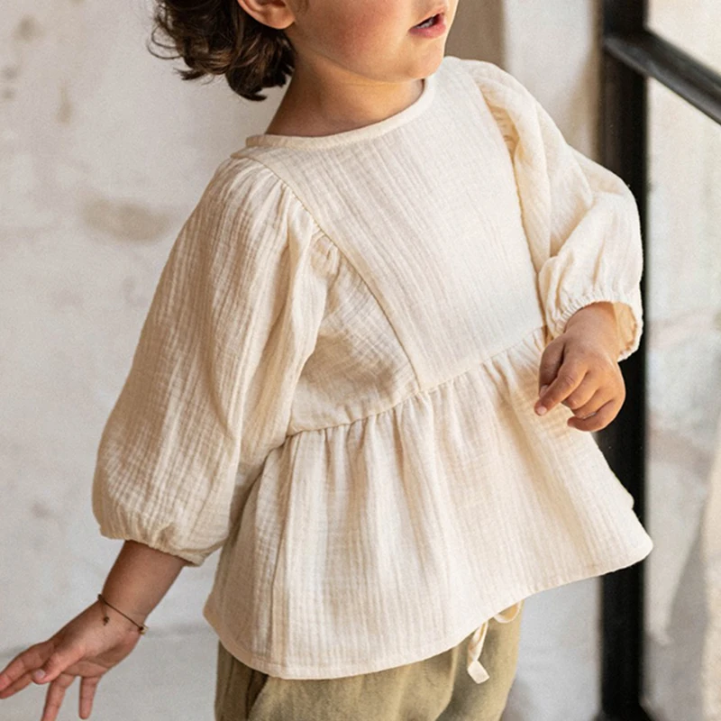 Autumn New Casual Large 3/4 Sleeves Girls' Blouse 100% Organic Cotton Double Gauze Children's Solid Loose Ruffle Tops TZ187