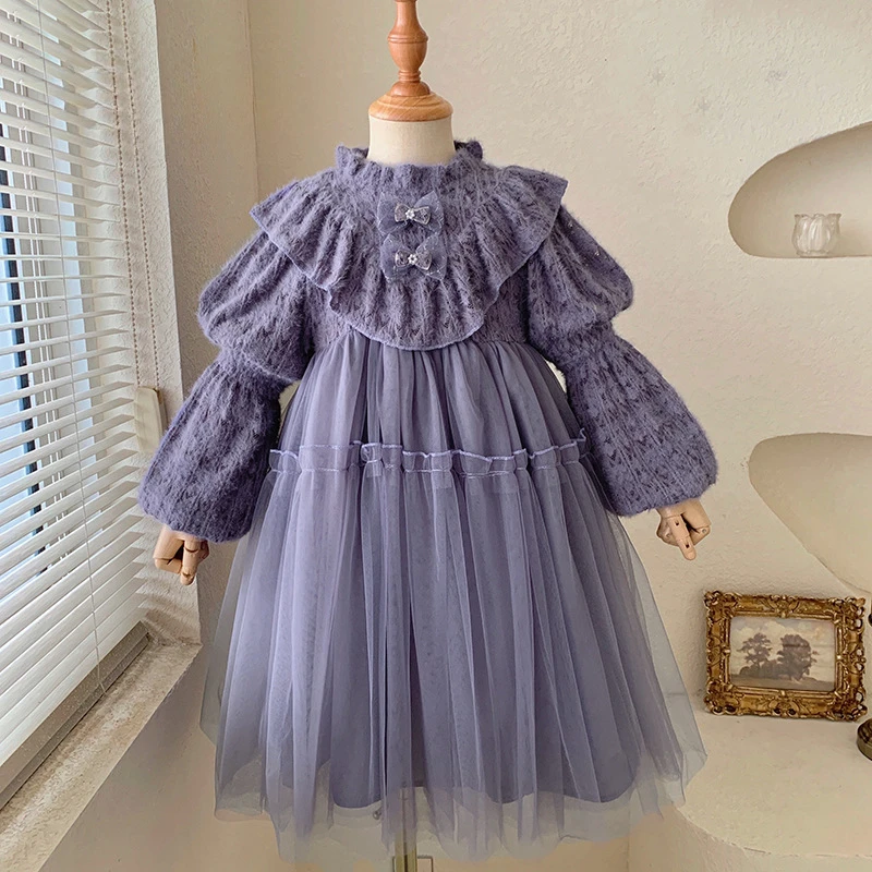 New Girls Clothes Autumn and Winter Casual Dress Korean Lace Long-sleeved Princess Dress O-neck Flower Girl Dresses Kids Clothes