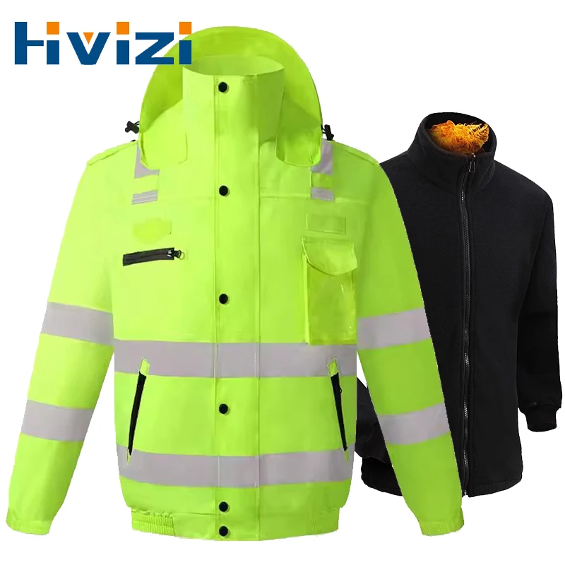 

Hi Vis Jacket Men for Winter with Removable Fleece Linner Traffic Police Reflecting Winter Coat Waterproof Windproof Cold-proof