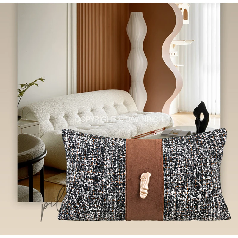 DAVINRICH Modern Decorative Lumbar Throw Pillow Cover With Leather Strip And Gold Face Emblem Luxe Cushion Case For Hotel Office