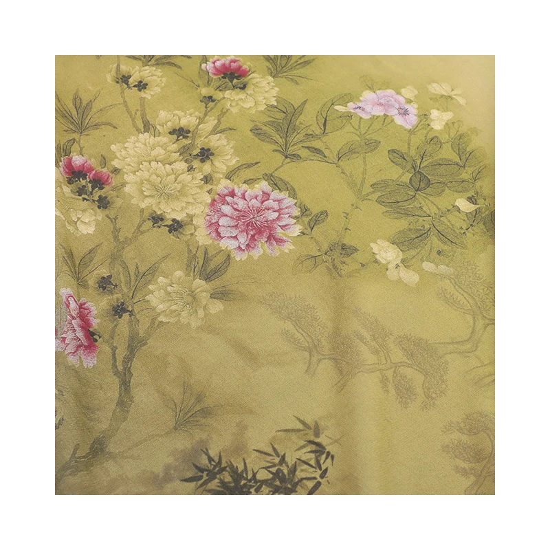 Tissu fin d'été pour robe et pantalon, chemise Cheongsam, 140cm de large, 10mm, injGeorgette, imprimé pivoine douce sur tissu jaune, R247