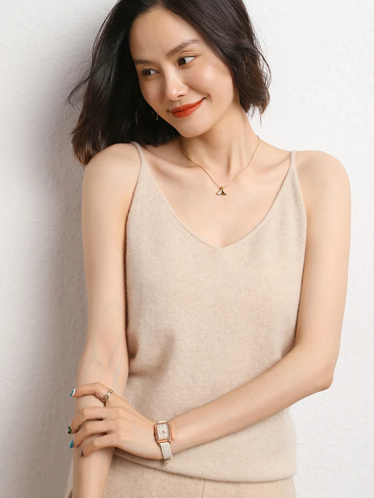 

MEETCC Basic Women 100% Cashmere Pullover Vest Sleeveless V Neck Knitwear Solid Color Tank Tops Comfortable Soft Inner Wears