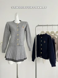 Women Grey Two Piece Suit Vintage Long Sleeve Sweater and Mini Pleated Skirt Harajuku Y2k Preppy Style Skirt Sets 2000s Clothes