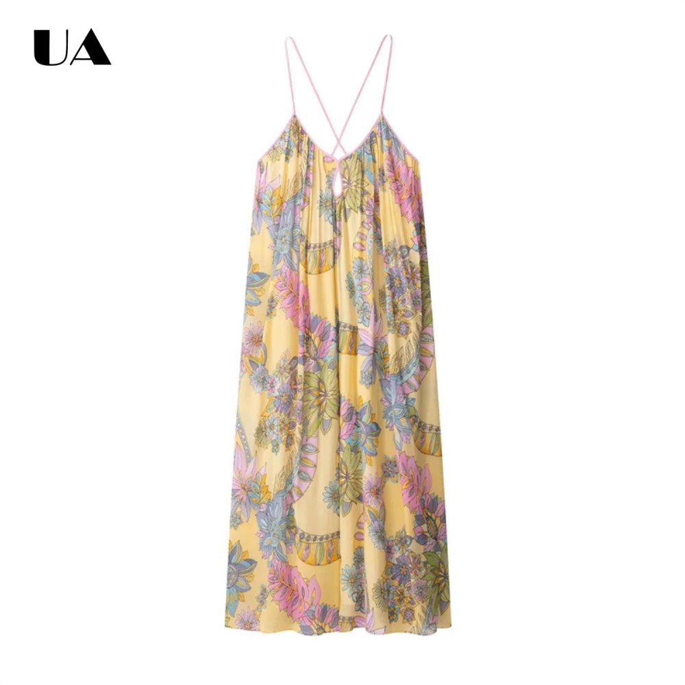 

Woman's Trendy Loose Colorful Printed Maxi Dress with Spaghetti Strap Fashionable Ruched Long Dress Vacation Style Cutout Dress