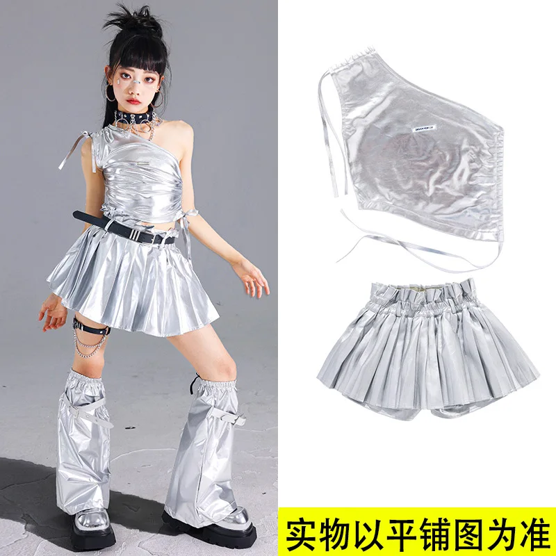 Jazz kpop dança traje meninas prata colheita superior saia plissada conjunto moda passarelas mostrar roupa crianças rua legal streetwear