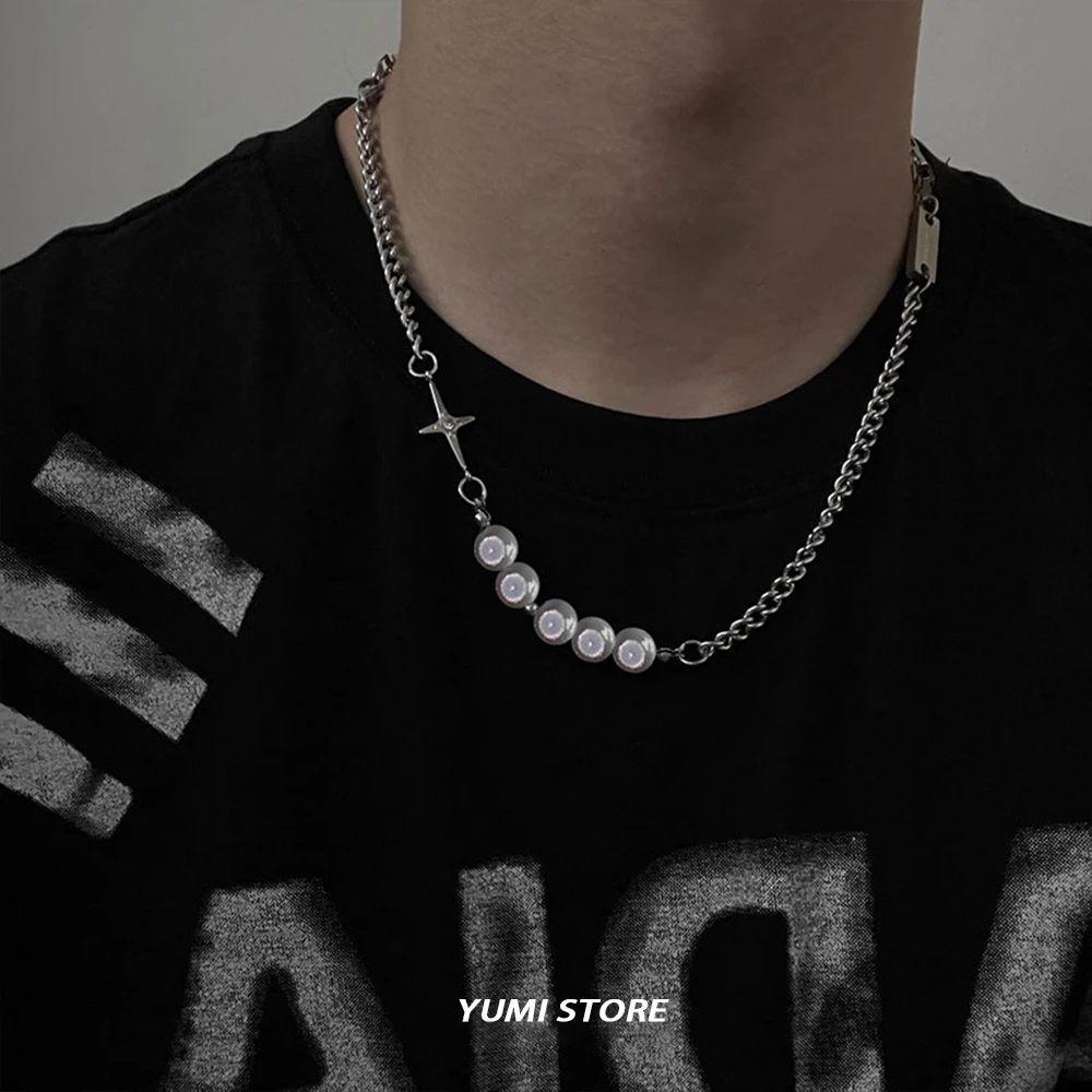 Titanium Steel Luminous Pearl Necklace For Men Woman Trendy Hip Hop Kpop Design Luxury Unisex Clavicle Choker Jewelry Wholesale