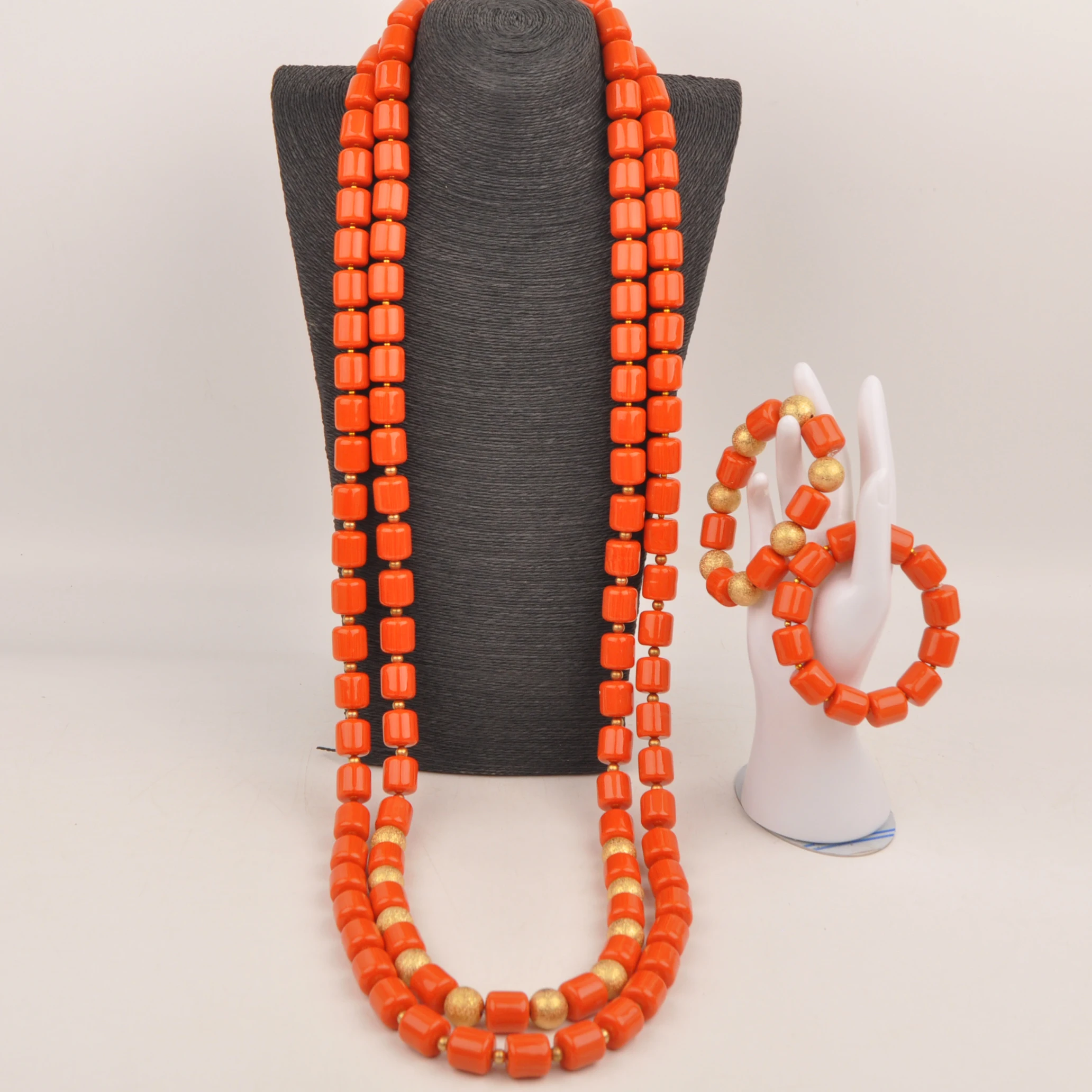 Fashion 50inches Necklaces Orange Artificial Coral Beads Jewelry Set for Men