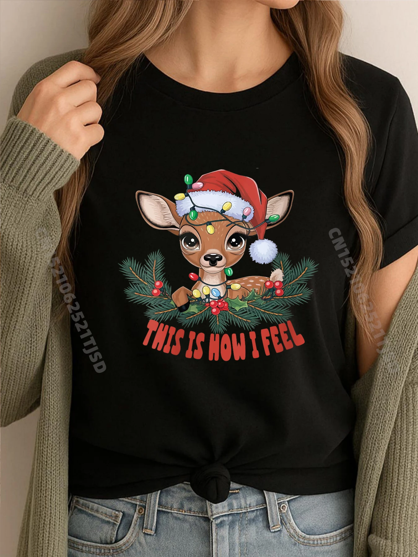 تي شيرت نسائي This Is How I Feel Reindeer لطيف لعيد الميلاد الرنة XS جرافيك تي شيرت ملابس الشارع مقاس كبير سنة جديدة سعيدة