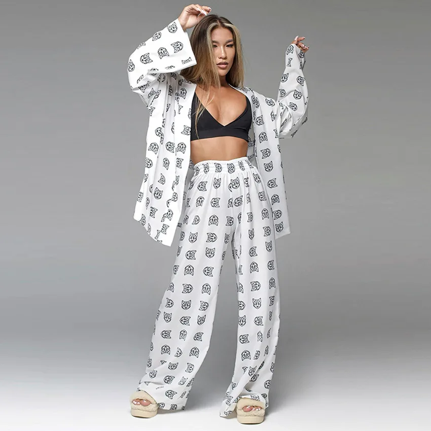 Spring Autumn New Pajamas Pant Sets Women Fashion Animals Letters Printed Long Sleeve Shirt and Pant Casual Loose Two Pieces Set