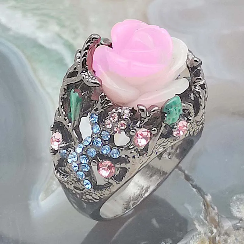 Hot Sale Milangirl Vintage Black Tungsten Peony Flower Tree Vine Lizard Handmade Jewelry Resin Crystal Beaded Ring