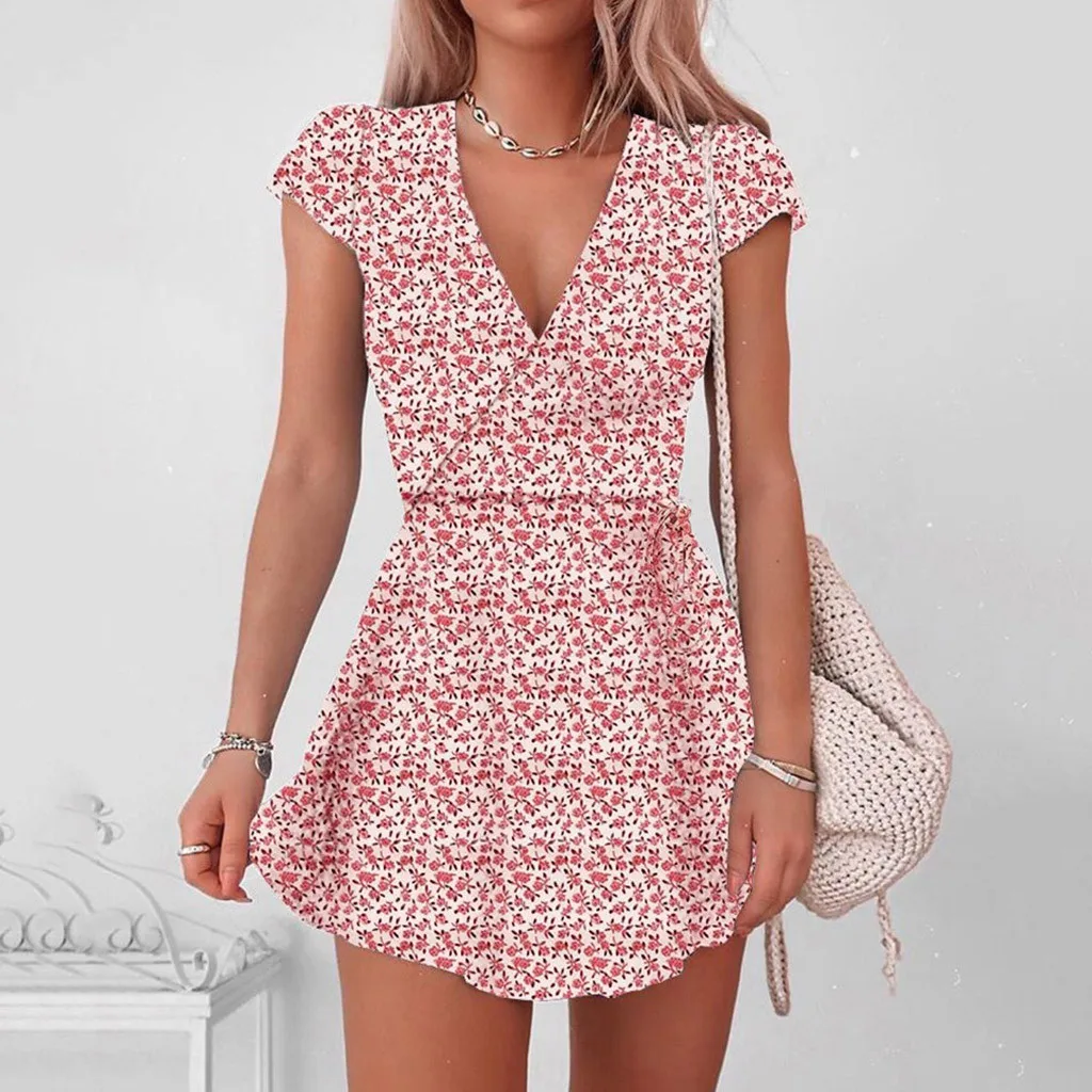 Sexy V-neck Wraped Floral Print Dress Women Fashion Elegant Short Sleeve Bandage High Waist Holiday Boho Dress Casual Sundress