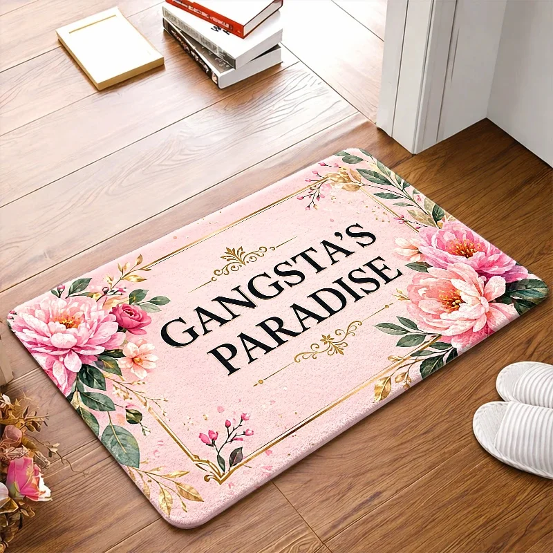 High-Quality Floral Print Welcome Doormat Pink Rose Mat Cottagecore Style Typography Entrance Mat Indoor Outdoor Decor
