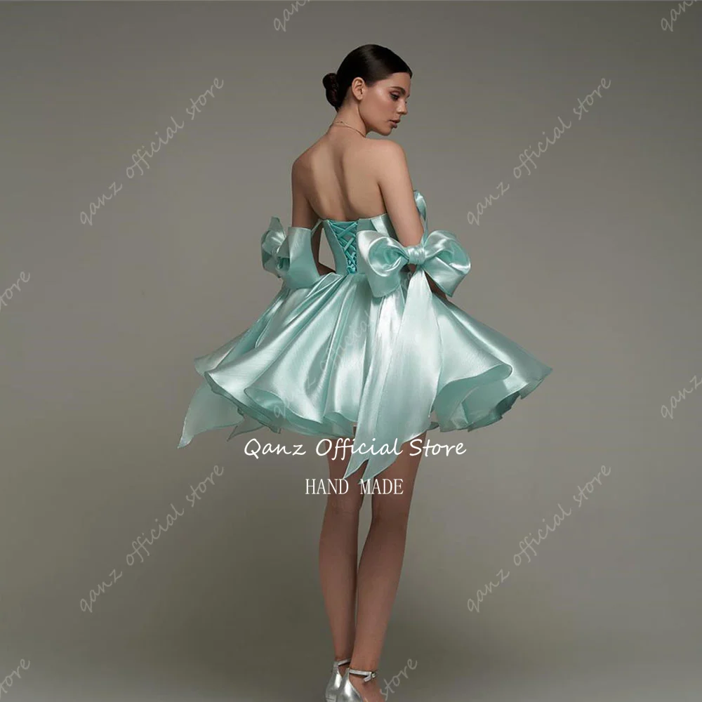 Qanz Short Prom Dresses Sexy  Ribbon Bow Sleeves Satin Wedding Party Dress Lace Up Back Backless Cocktail Dresses Customized image 2