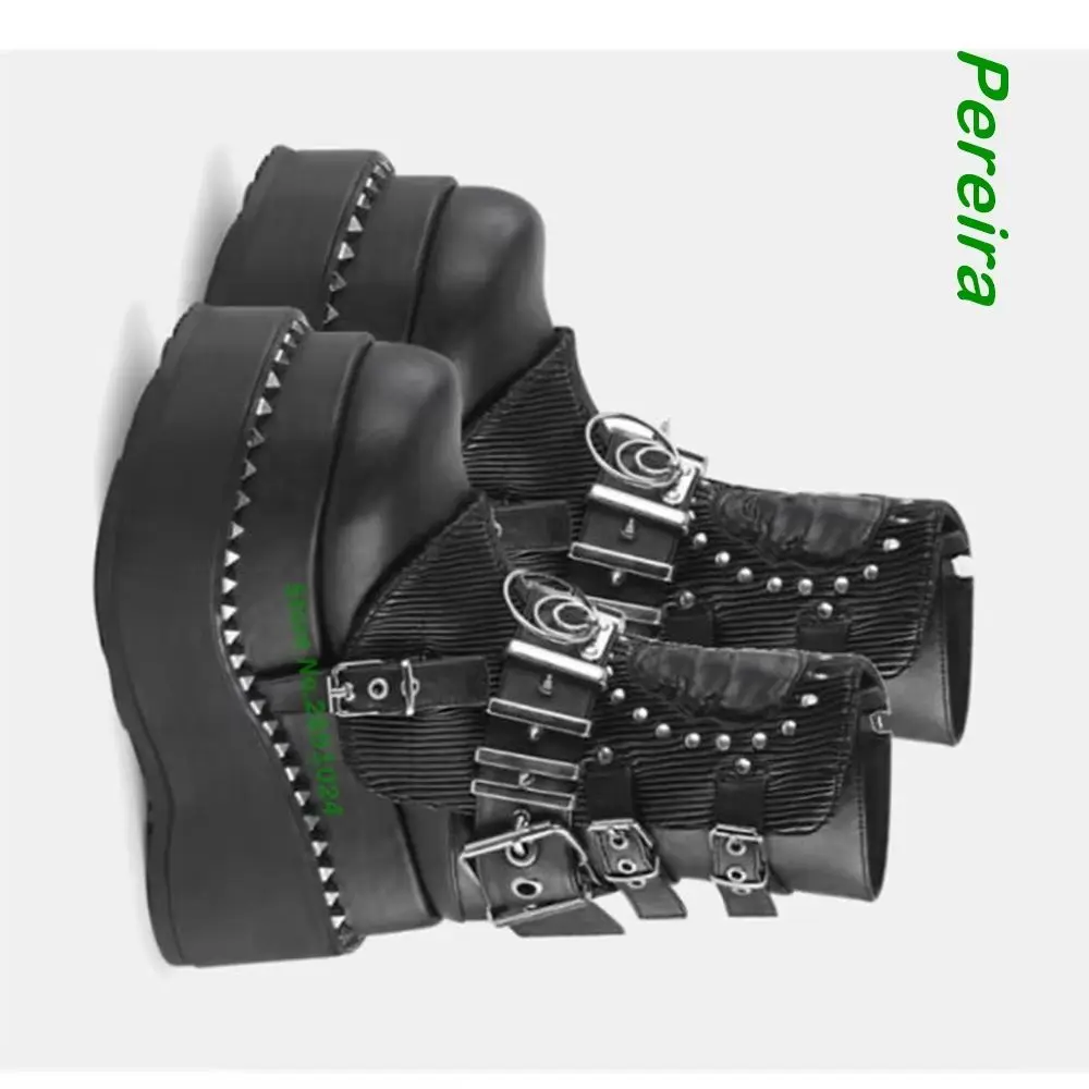 Dark Punk Style Metal Ankle Boots Platform Gothic Women's Motorcycle Boots Thick Wedges Rivet Lace Up Chain Cosplay Shoes Solid