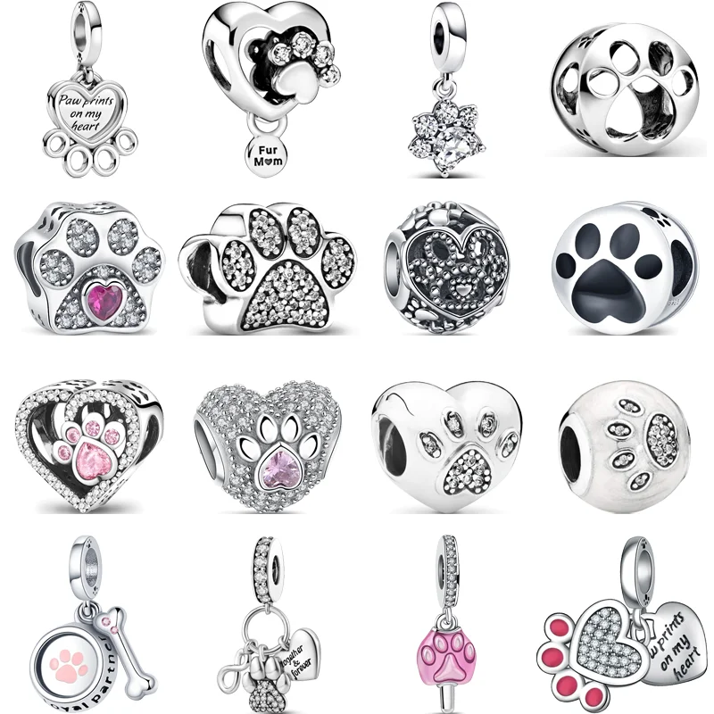 925 Sterling Silver Cute Animals Dog Paw Print Pendant Love Heart Beads Fit Original Pandora Charms Bracelet DIY Jewelry Making