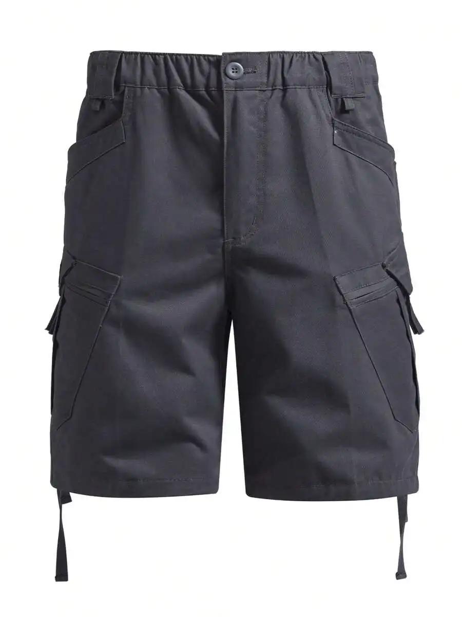 

Mens Casual Cargo Shorts With Pockets Elastic Waist Button Drawstring Black Gray Khaki